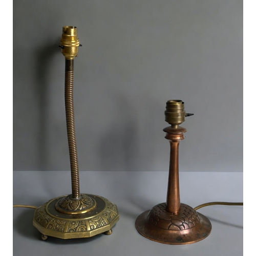 485 - An Arts & crafts table lamp. Together with a French brass flexi stem example.Tallest - 39cm... 