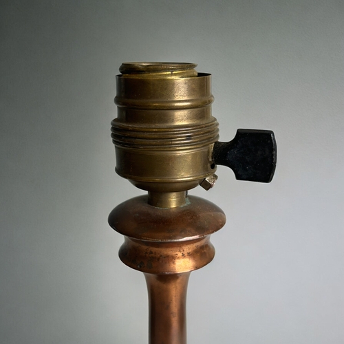 485 - An Arts & crafts table lamp. Together with a French brass flexi stem example.Tallest - 39cm... 