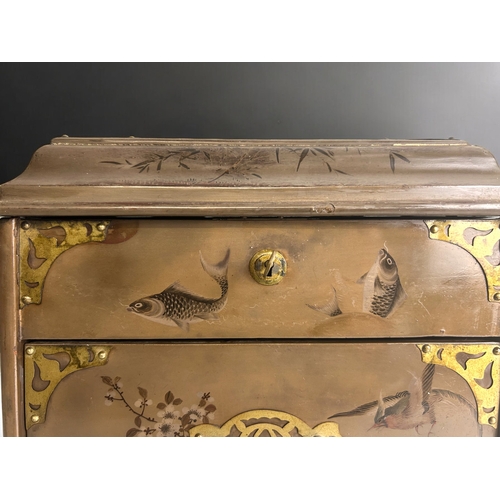 211 - A Japanese lacquered tea cabinet.Hand painted with carp & birds amongst blossoming flowers. Fron... 