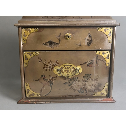 211 - A Japanese lacquered tea cabinet.Hand painted with carp & birds amongst blossoming flowers. Fron... 