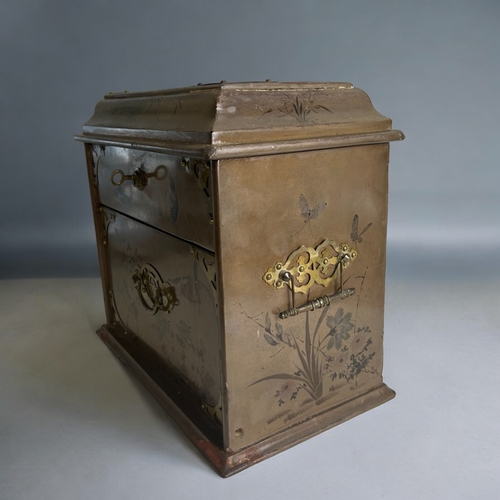 211 - A Japanese lacquered tea cabinet.Hand painted with carp & birds amongst blossoming flowers. Fron... 