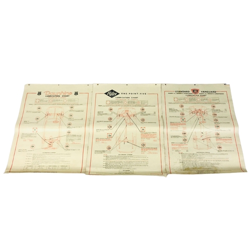 489 - Vintage Motoring charts(3) including a Dauphine Lubrication Chart, Riley Lubrication Chart, And Stan... 