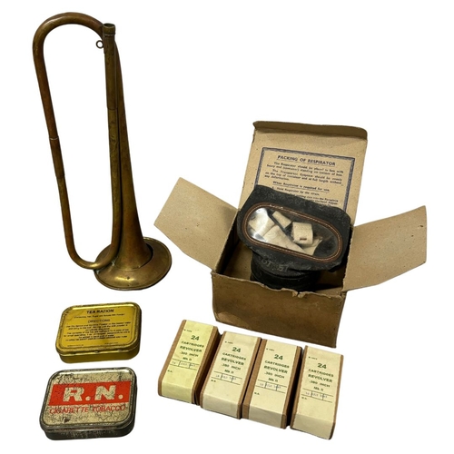 10 - Trumpet, Vinatge Gas Mask, Tins and other related Ephemera.