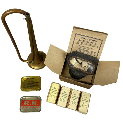 10 - Trumpet, Vinatge Gas Mask, Tins and other related Ephemera.