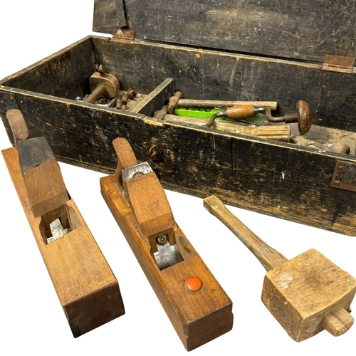 492 - Vintage Carpenters Box of Tools, Planes, Hammers, etc.