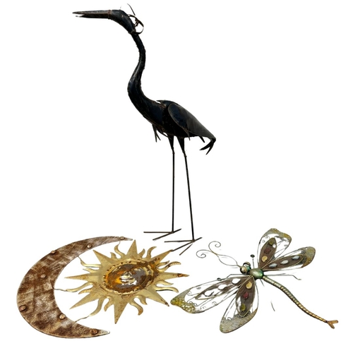 494 - Metal Garden Ornamental Items to Include Dragonfly, Bird, and Sun and Moon Wall Art.