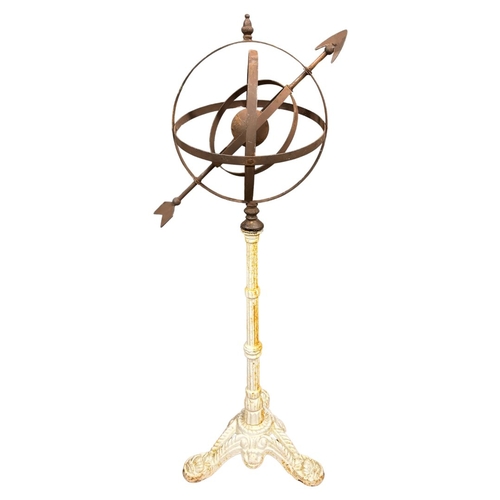 495 - Astrolabe Garden Feature (Wrought Iron) Mounted on an Earlier Cast Iron Triform Decorative Pillar St... 