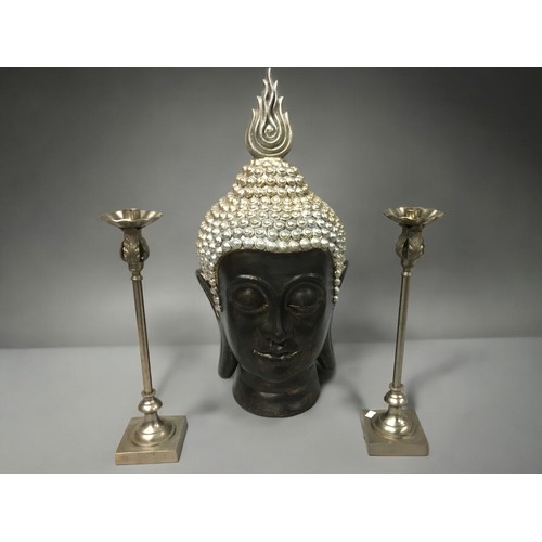 6 - Large Decorative Buddha Head with a pair of Candlesticks with Acanthus Leaf Decoration.Buddha Height... 