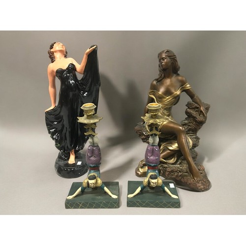 7 - Pair of Chinese Acrobat Candlesticks together with a Ceramic Large Austin Sculpture of a Lady on a R... 