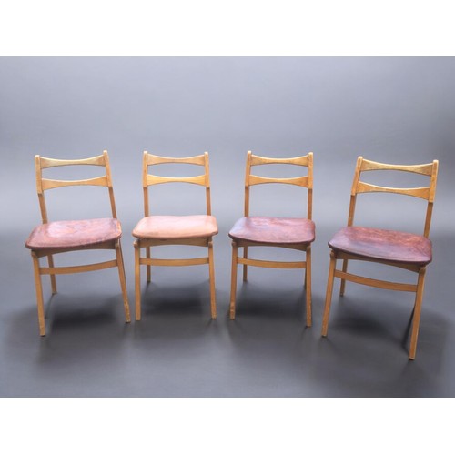 64 - Set of 4 Super Stylish Mid Century Beech and Leather Upholstered Chairs Probably Scandinavian.