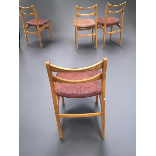 64 - Set of 4 Super Stylish Mid Century Beech and Leather Upholstered Chairs Probably Scandinavian.