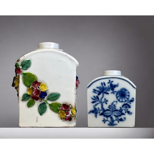 501 - Two Meissen porcelain tea caddies.18th century, with applied flowers, together with a smaller “Zwieb... 