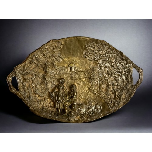 502 - An early 20th century French Bronze twin-handle tray by A. Van Kote. Cast in relief figural landscap... 