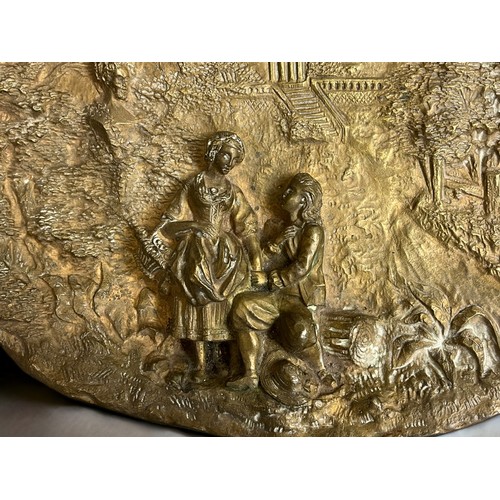 502 - An early 20th century French Bronze twin-handle tray by A. Van Kote. Cast in relief figural landscap... 