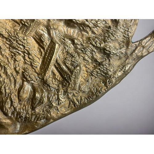 502 - An early 20th century French Bronze twin-handle tray by A. Van Kote. Cast in relief figural landscap... 