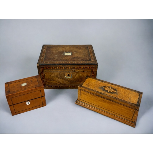 513 - A collection of antique boxes. Including Marquetry examples and a perfume box.