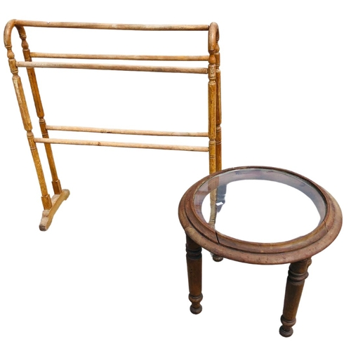 141 - Antique Glass topped round Side table and Vintage Pine Towel Rail