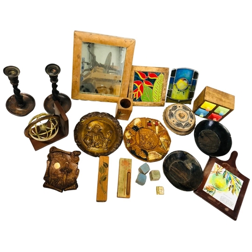 528 - A Pair of Antique Wooden Barley Twist Candlesticks and a Collection of Wood and Treen Items