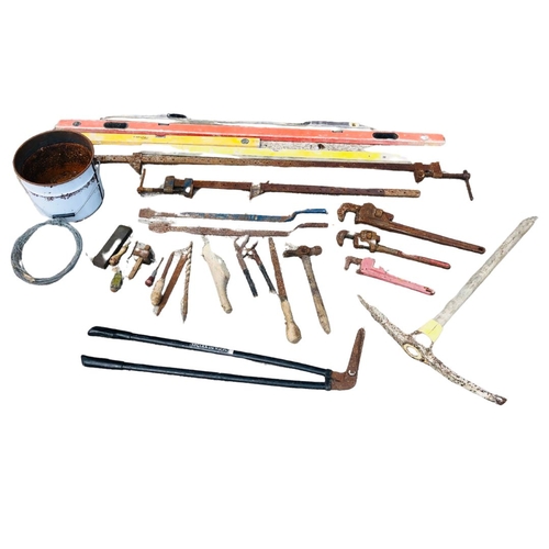 20 - A Good collection of Garden tools including 2 large Cast iron bar clamps, 3 x Pipe wrenches, pick, h... 