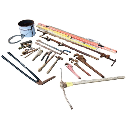 20 - A Good collection of Garden tools including 2 large Cast iron bar clamps, 3 x Pipe wrenches, pick, h... 