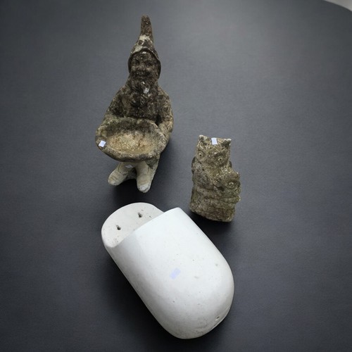 445 - Stone Garden Gnome and an Owl with a White Glazed Terrocota Wall Pocket.