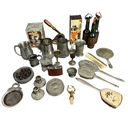 223 - Collection of Items to include tankards, dressing table items and a stag bottle cork.