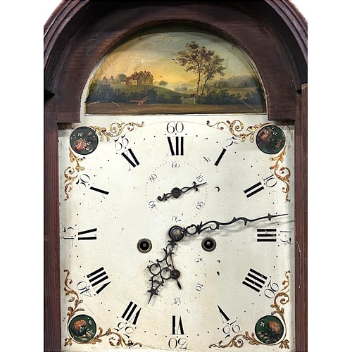 208 - An Oak George III Longcase clock.Arched painted white enamel dial with rural scene and foliate desig... 