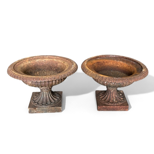 608 - Two classical style cast iron Urns.Raised on pedestal bases, with egg & dart motif.