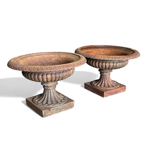 608 - Two classical style cast iron Urns.Raised on pedestal bases, with egg & dart motif.