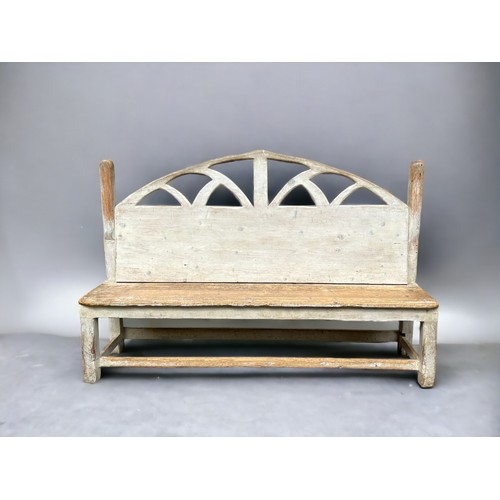 611 - A Large Pine garden Bench Hand Crafted. White Washed.  182cm long x 122cm high x 50cm depth