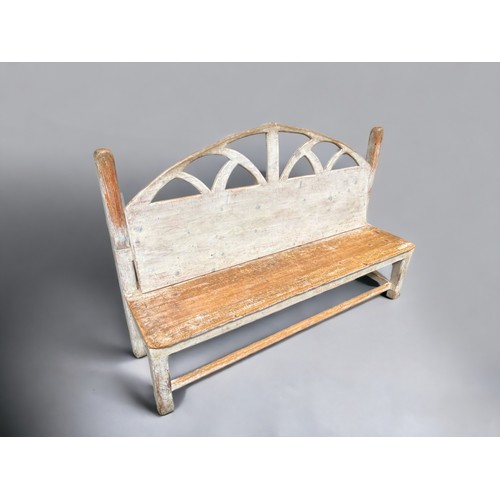 611 - A Large Pine garden Bench Hand Crafted. White Washed.  182cm long x 122cm high x 50cm depth