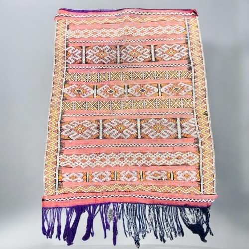 614 - Vintage Middle Eastern Rug with Geometric design in muted Black, Purple and Orange tones.