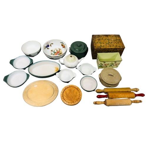 237 - Collection of Kitchenalia containing Poole pottery - Moira - Worcester dishes, rolling pins, wooden ... 