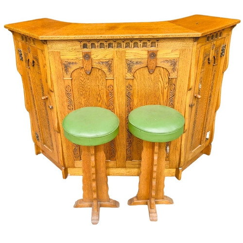 681 - Mid Century Oak Bar and Two Bar Stools