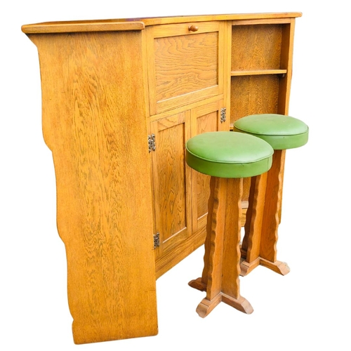 681 - Mid Century Oak Bar and Two Bar Stools