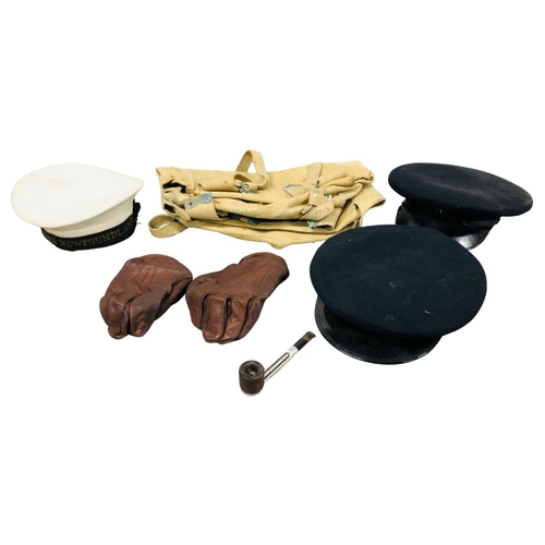 700 - 2 Military Canvass Ruck sacks, A Pair of Fownes Leather Gloves, A H.M.S. Newfoundland Naval Hats and... 