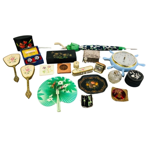 707 - Miscellaneous collection of items to include  umbrella, dressing table mirrors and Chinese worry bal... 