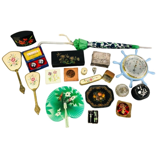 707 - Miscellaneous collection of items to include  umbrella, dressing table mirrors and Chinese worry bal... 