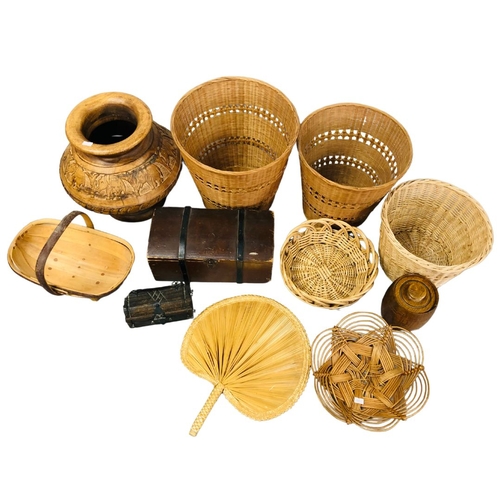 714 - Trug, rattan bins treen vessels etc