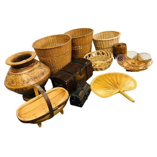 714 - Trug, rattan bins treen vessels etc