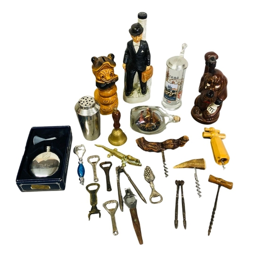 730 - Mixed lot of Corkscrews, Novelty ceramics and a ship in a bottle!