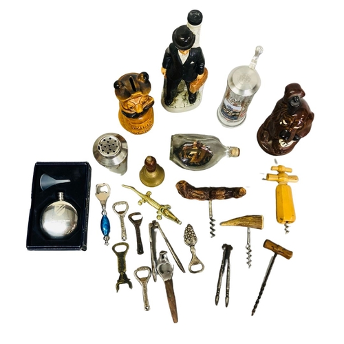 730 - Mixed lot of Corkscrews, Novelty ceramics and a ship in a bottle!