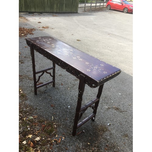 93 - Chinese Inlaid Hongmu Wood Altar Table, carved foliate and Faux Bamboo Design Mother of Pearl inlay.... 