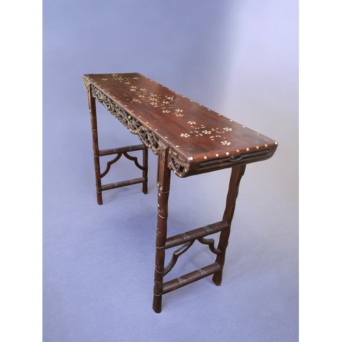 93 - Chinese Inlaid Hongmu Wood Altar Table, carved foliate and Faux Bamboo Design Mother of Pearl inlay.... 