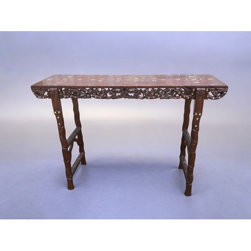 93 - Chinese Inlaid Hongmu Wood Altar Table, carved foliate and Faux Bamboo Design Mother of Pearl inlay.... 