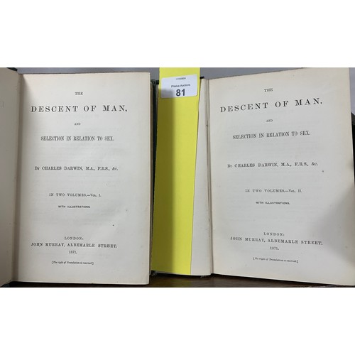 81 - Charles Darwin - The Descent of Man (2 Vols) 1871.Later printings in same year as the first edition.... 