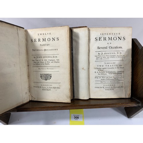 308 - 2 Unrestored Leather Volumes 1744 & 1747 John Rogers Sermons.Both volumes are presented in the o... 