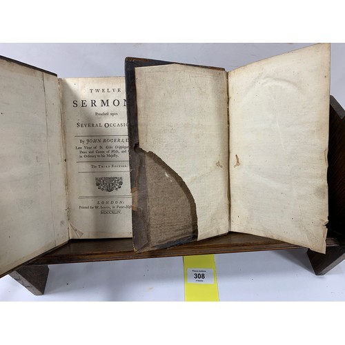 308 - 2 Unrestored Leather Volumes 1744 & 1747 John Rogers Sermons.Both volumes are presented in the o... 