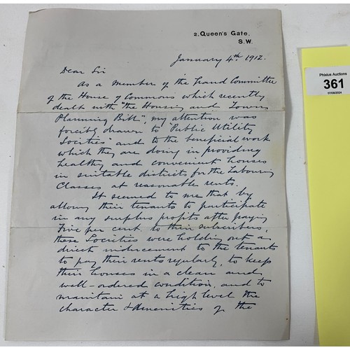 361 - Original manuscript letter dated January 4th 1912 and signed by member of Parliament Sir Francis Wil... 