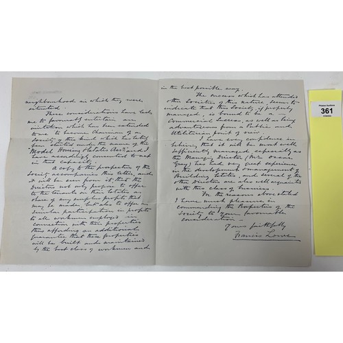 361 - Original manuscript letter dated January 4th 1912 and signed by member of Parliament Sir Francis Wil... 